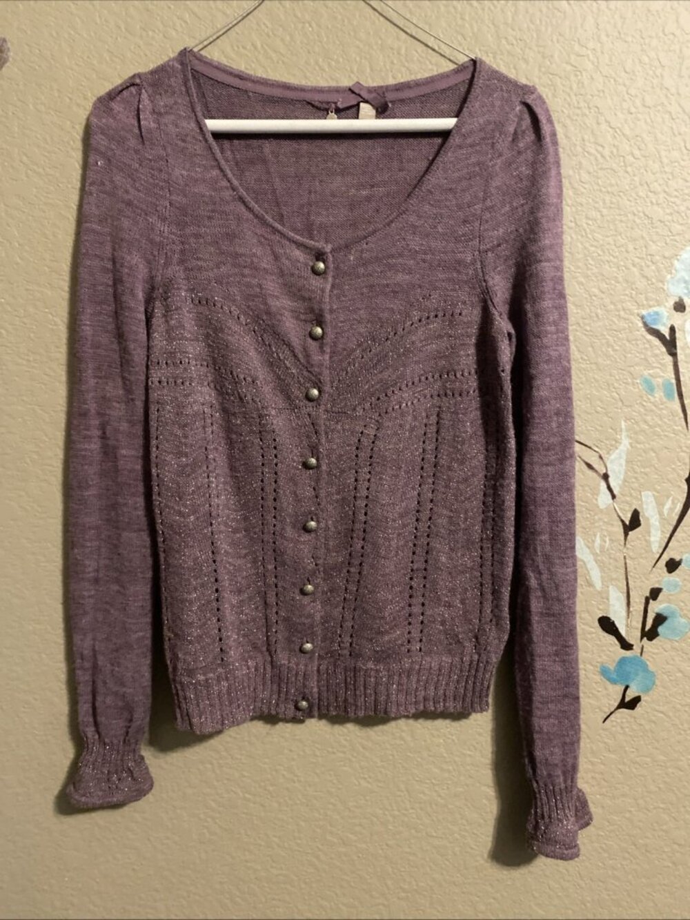 Anthropology Knitted & Knotted Lavender Metallic Thread Eyelet Sweat Sweater M